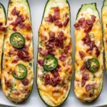 Jalapeno Popper Zucchini Boats topped with melted cheddar, crispy turkey bacon, and sliced jalapeños on a white plate