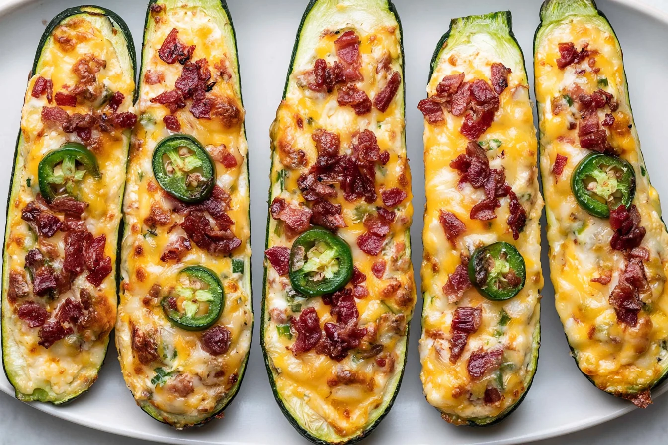 Jalapeno Popper Zucchini Boats topped with melted cheddar, crispy turkey bacon, and sliced jalapeños on a white plate