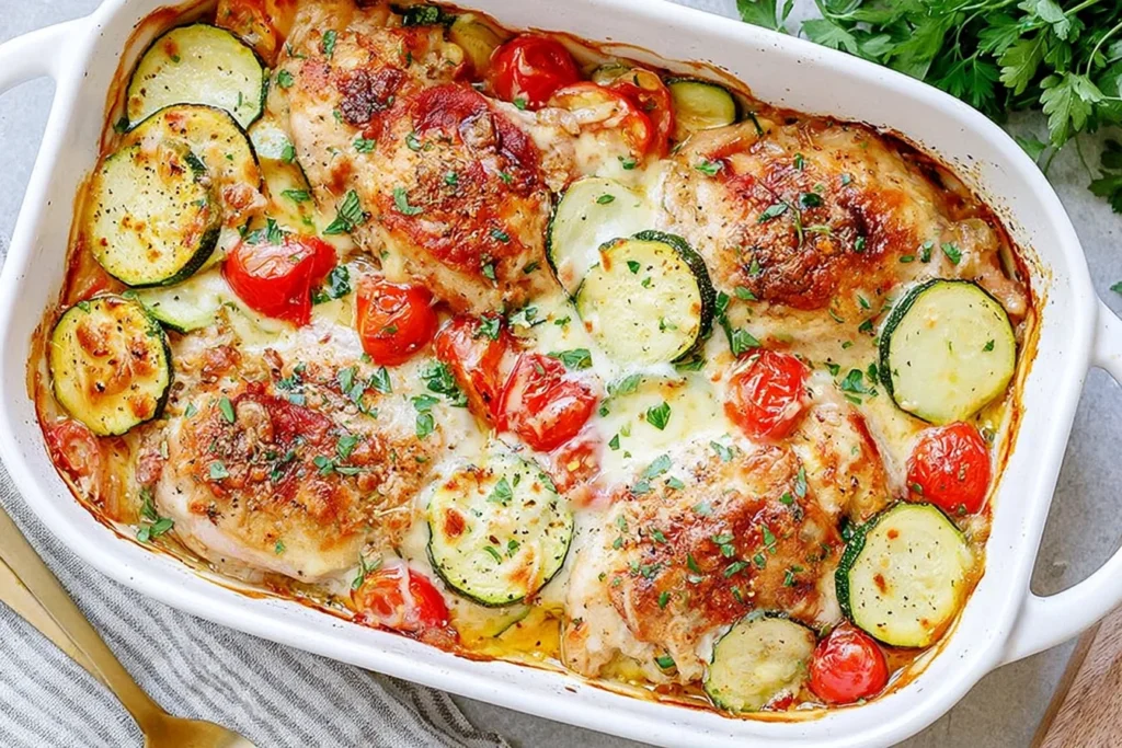 Mediterranean Chicken Zucchini Bake with golden chicken, roasted zucchini, cherry tomatoes, melted cheese, and fresh parsley