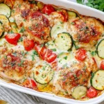 Mediterranean Chicken Zucchini Bake with golden chicken, roasted zucchini, cherry tomatoes, melted cheese, and fresh parsley