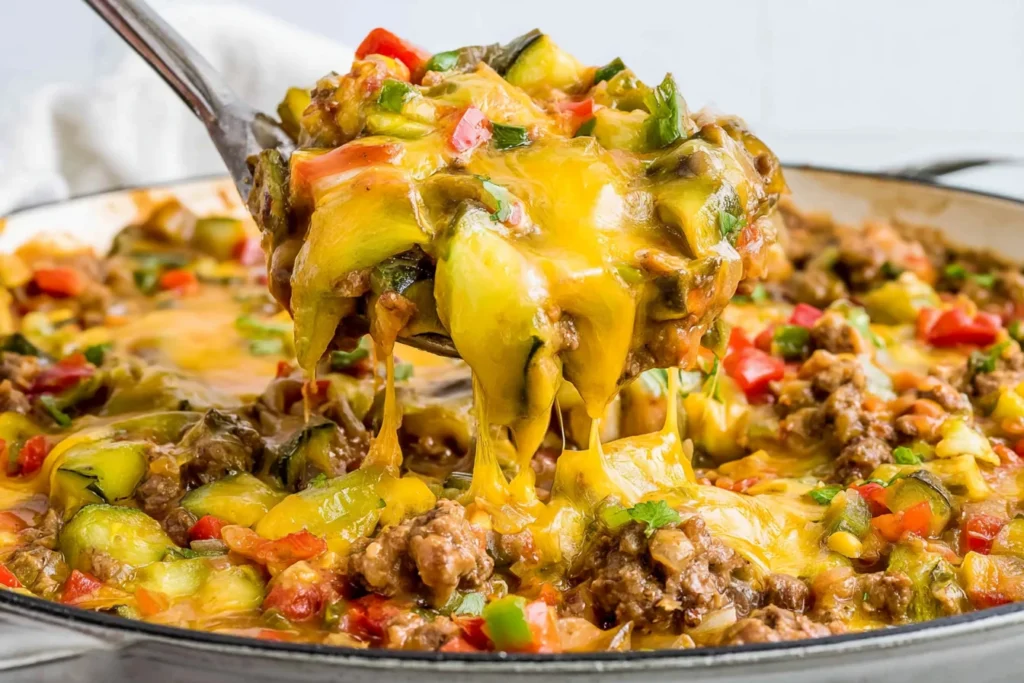 One-Pan Taco Zucchini Skillet with ground beef, tender zucchini, bell peppers, and gooey melted cheddar cheese being served from the pan.