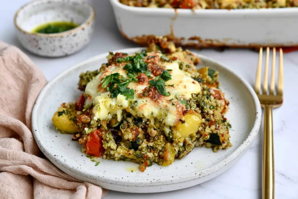 Quinoa Pesto Bake Dump & Bake served with melted mozzarella, pesto quinoa, cherry tomatoes, vegetables, and fresh herbs