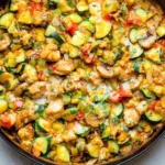 Tex Mex Chicken and Zucchini skillet with tender chicken, zucchini, bell peppers, melted cheese, and fresh cilantro.