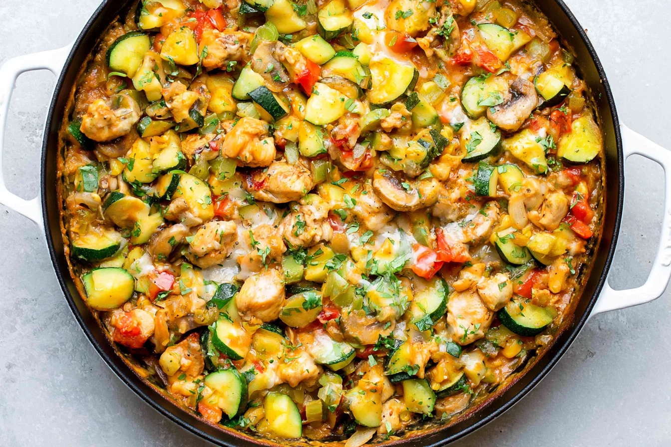 Tex Mex Chicken and Zucchini skillet with tender chicken, zucchini, bell peppers, melted cheese, and fresh cilantro.