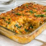 Very Veggie Lentil Bake with golden melted cheddar, red lentils, rice, and colorful vegetables in a glass baking dish.