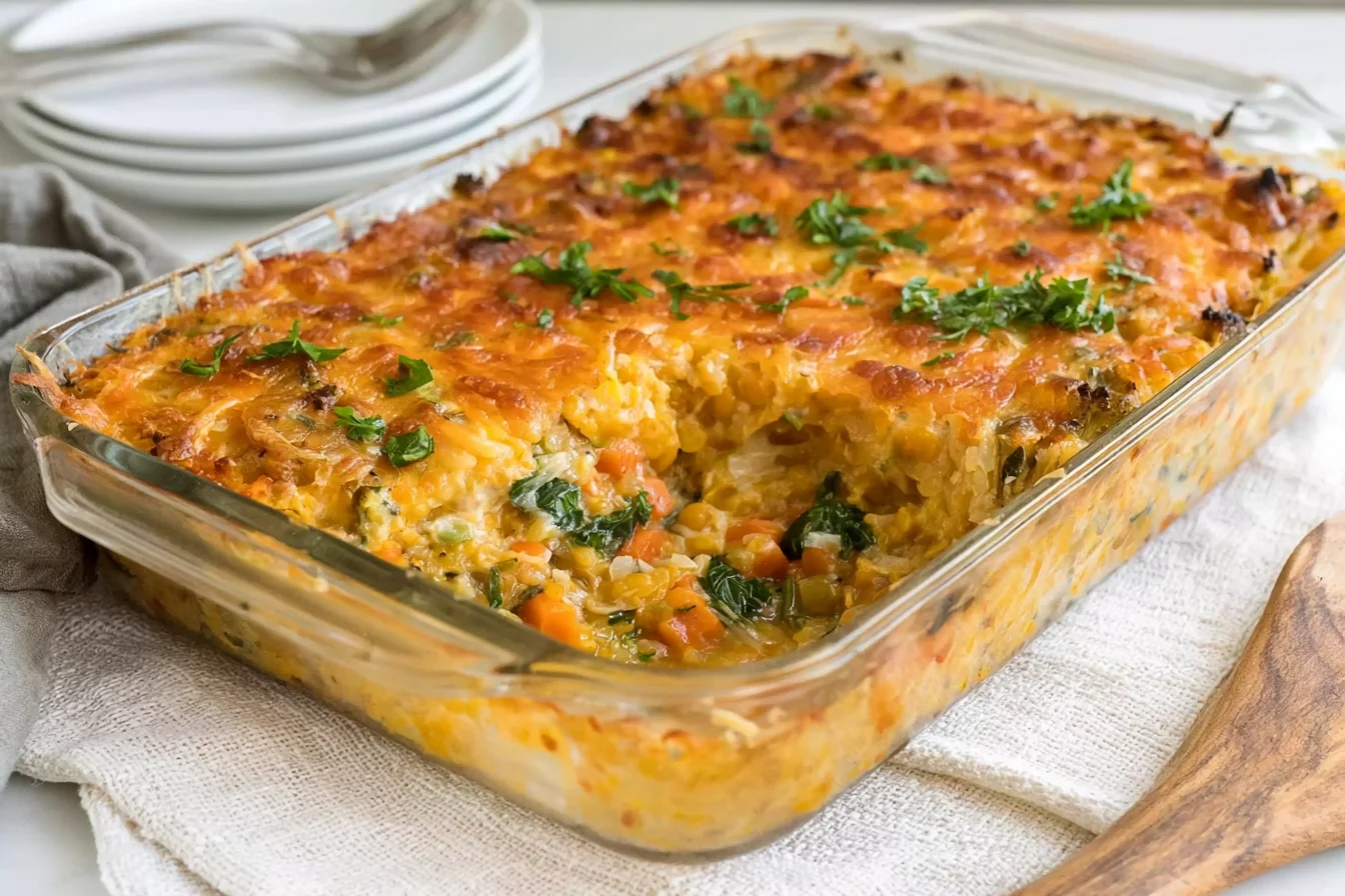 Very Veggie Lentil Bake with golden melted cheddar, red lentils, rice, and colorful vegetables in a glass baking dish.