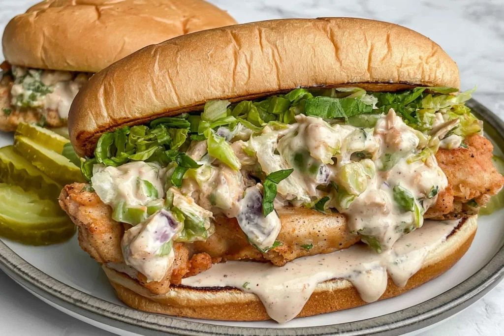 Chicken Chopped Sandwich with Alabama BBQ Sauce topped with crispy chicken, chopped lettuce, pickles, red onion, and creamy white BBQ sauce.