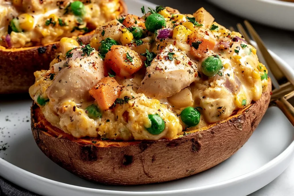 Chicken Pot Pie Stuffed Sweet Potatoes topped with creamy chicken, peas, carrots, corn, onions, herbs, and black pepper.