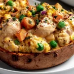 Chicken Pot Pie Stuffed Sweet Potatoes topped with creamy chicken, peas, carrots, corn, onions, herbs, and black pepper.