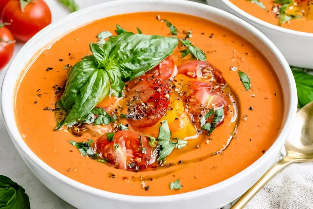 Easy Gazpacho Recipe topped with cherry tomatoes, cucumber, basil, and olive oil in a creamy chilled soup