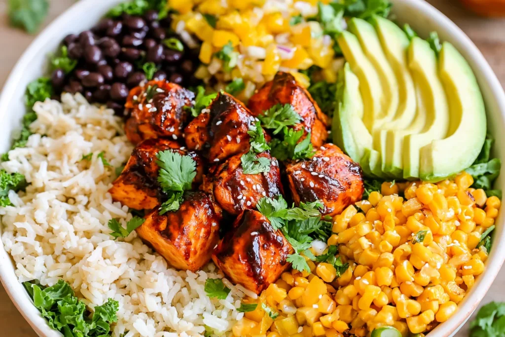 Chipotle Salmon Bowls with glazed salmon, avocado slices, black beans, corn, and rice in a colorful healthy meal bowl