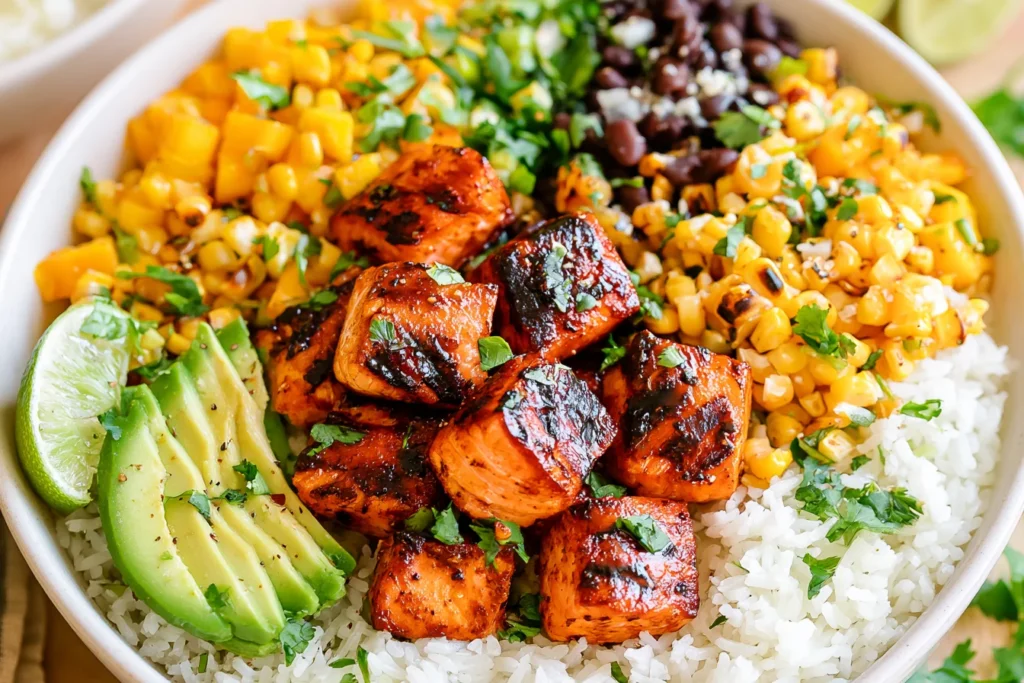 Chipotle Salmon Bowls with mango avocado salsa, black beans, corn, and cilantro lime rice in a vibrant healthy bowl