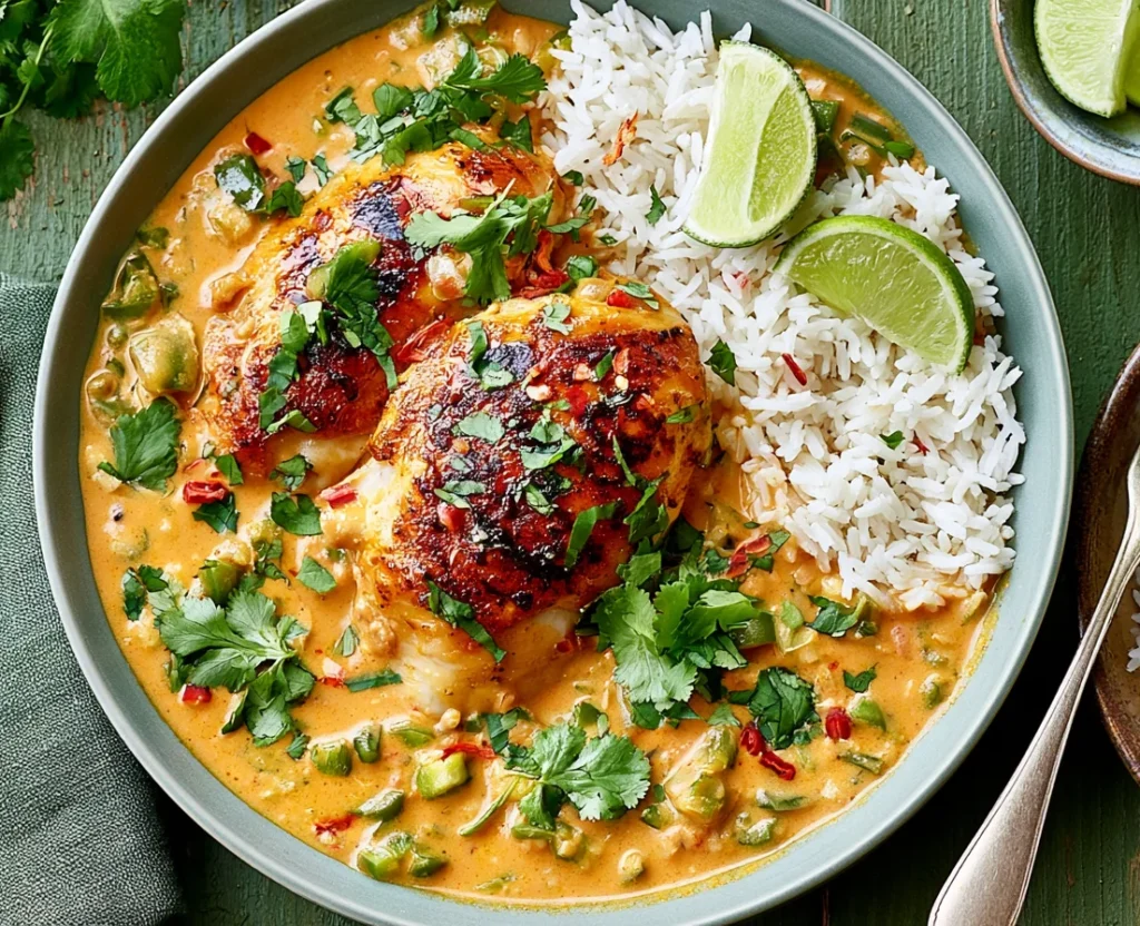 One Pan Coconut Lime Chicken served with jasmine rice, lime wedges, and fresh cilantro in a bowl with creamy coconut sauce