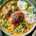 One Pan Coconut Lime Chicken served with jasmine rice, lime wedges, and fresh cilantro in a bowl with creamy coconut sauce