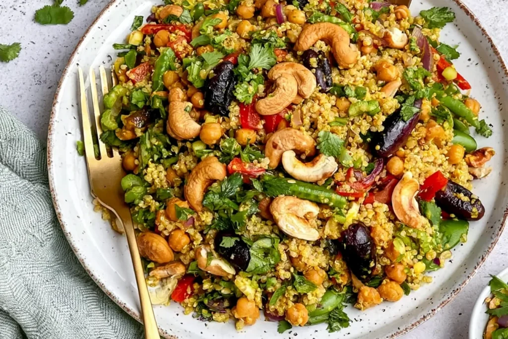 Curry Cashew Chickpea Quinoa Salad with toasted cashews, chickpeas, quinoa, red peppers, green vegetables, and fresh cilantro.