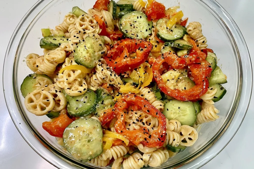 Sweet Pepper Pasta Salad with sliced red and yellow peppers, crisp cucumbers, tender pasta, feta, and everything bagel seasoning.
