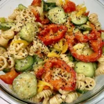 Sweet Pepper Pasta Salad with sliced red and yellow peppers, crisp cucumbers, tender pasta, feta, and everything bagel seasoning.