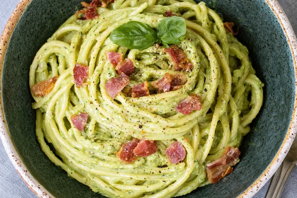 Avocado Carbonara with creamy avocado sauce, linguine, crispy bacon, black pepper, and fresh basil in a rustic bowl.