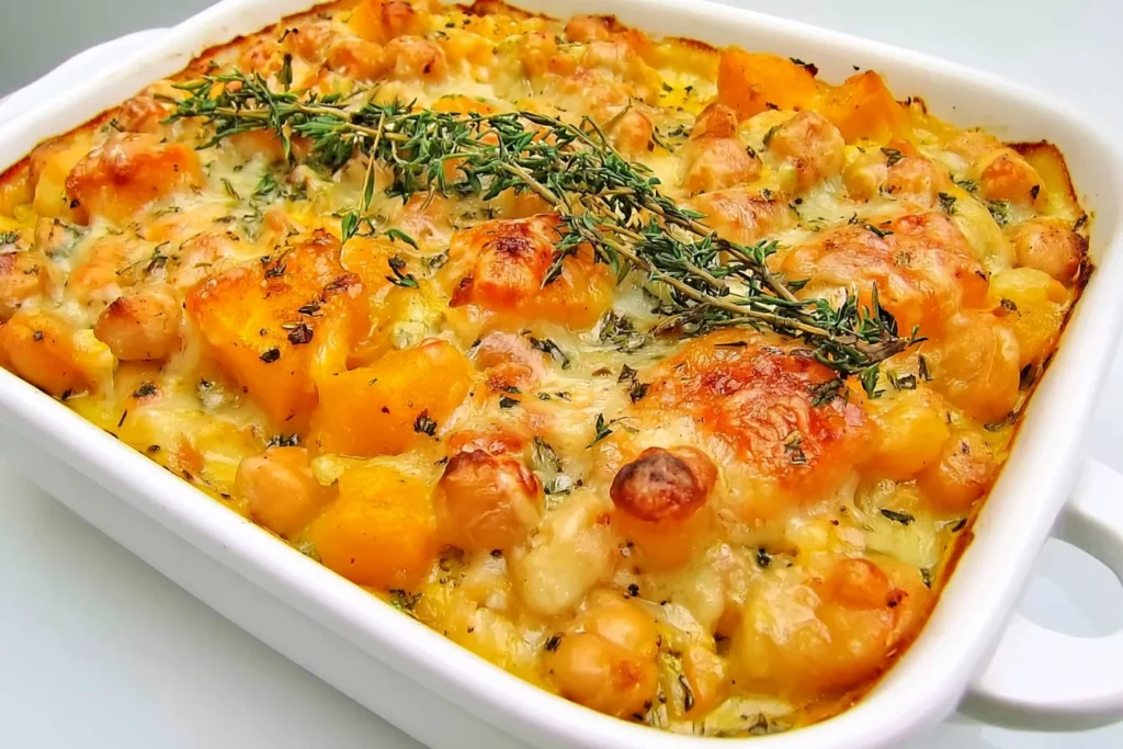 Baked Chickpeas with Butternut Squash topped with golden melted cheese, roasted chickpeas, and fresh thyme