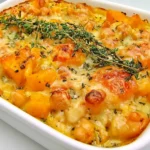 Baked Chickpeas with Butternut Squash topped with golden melted cheese, roasted chickpeas, and fresh thyme
