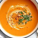 Carrot and Red Lentil Soup topped with a creamy coconut swirl, fresh parsley, red pepper flakes, and cracked black pepper.