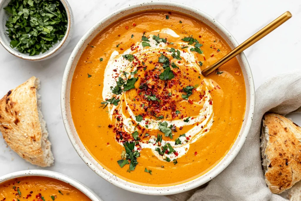Carrot and Red Lentil Soup topped with coconut cream, fresh parsley, red pepper flakes, and served with toasted bread.