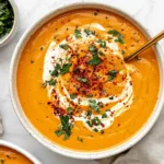 Carrot and Red Lentil Soup topped with coconut cream, fresh parsley, red pepper flakes, and served with toasted bread.