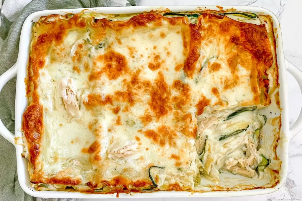 Chicken Alfredo Zucchini Lasagna with shredded chicken, creamy Alfredo sauce, zucchini layers, and golden melted mozzarella.