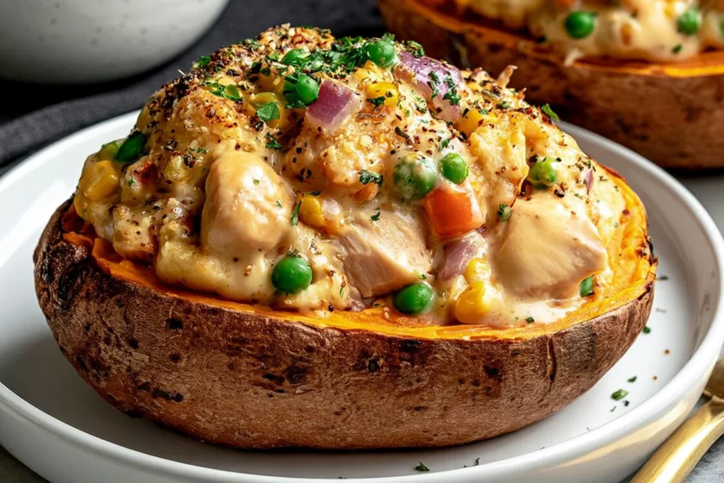 Chicken Pot Pie Stuffed Sweet Potatoes filled with creamy chicken, peas, corn, carrots, and herbs on a white plate.