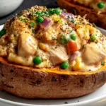 Chicken Pot Pie Stuffed Sweet Potatoes filled with creamy chicken, peas, corn, carrots, and herbs on a white plate.