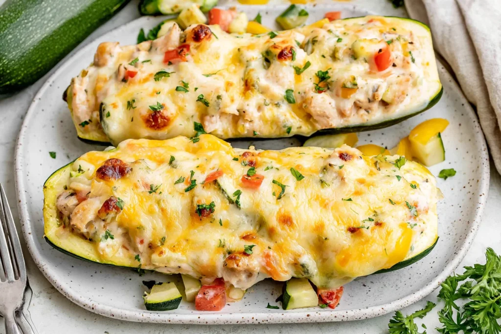 Chicken Stuffed Zucchini Boats filled with creamy chicken, tomatoes, herbs, and golden melted cheese served on a plate.