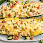 Chicken Stuffed Zucchini Boats filled with creamy chicken, tomatoes, herbs, and golden melted cheese served on a plate.