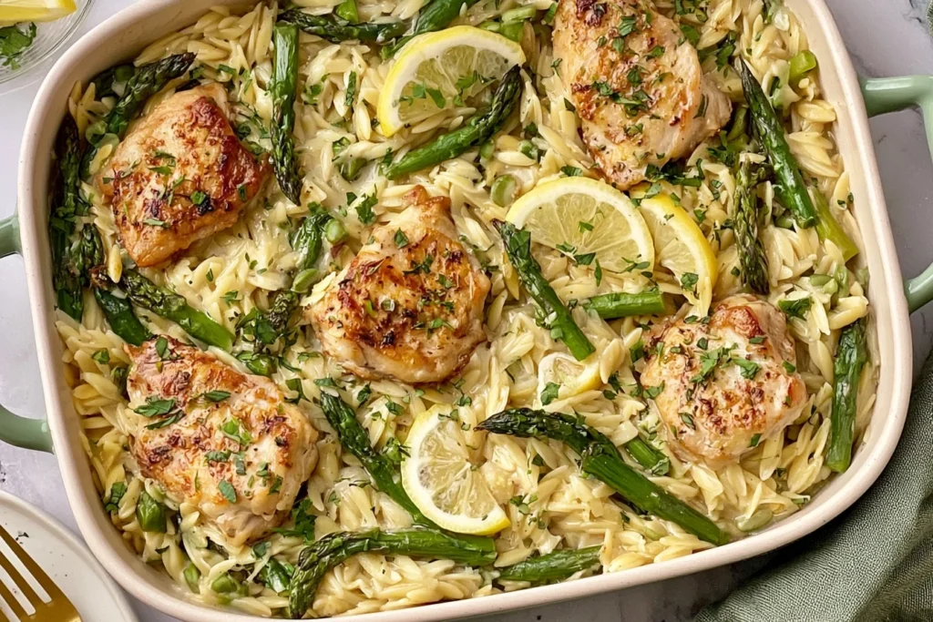 Creamy Orzo with Chicken and Asparagus in a skillet with lemon slices, seared chicken, and fresh herbs
