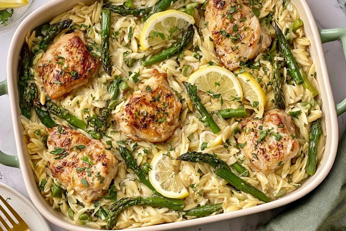 Creamy Orzo with Chicken and Asparagus in a skillet with lemon slices, seared chicken, and fresh herbs