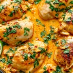 One Pan Coconut Lime Chicken in a skillet with creamy coconut sauce, lime slices, and fresh herbs, golden seared chicken thighs