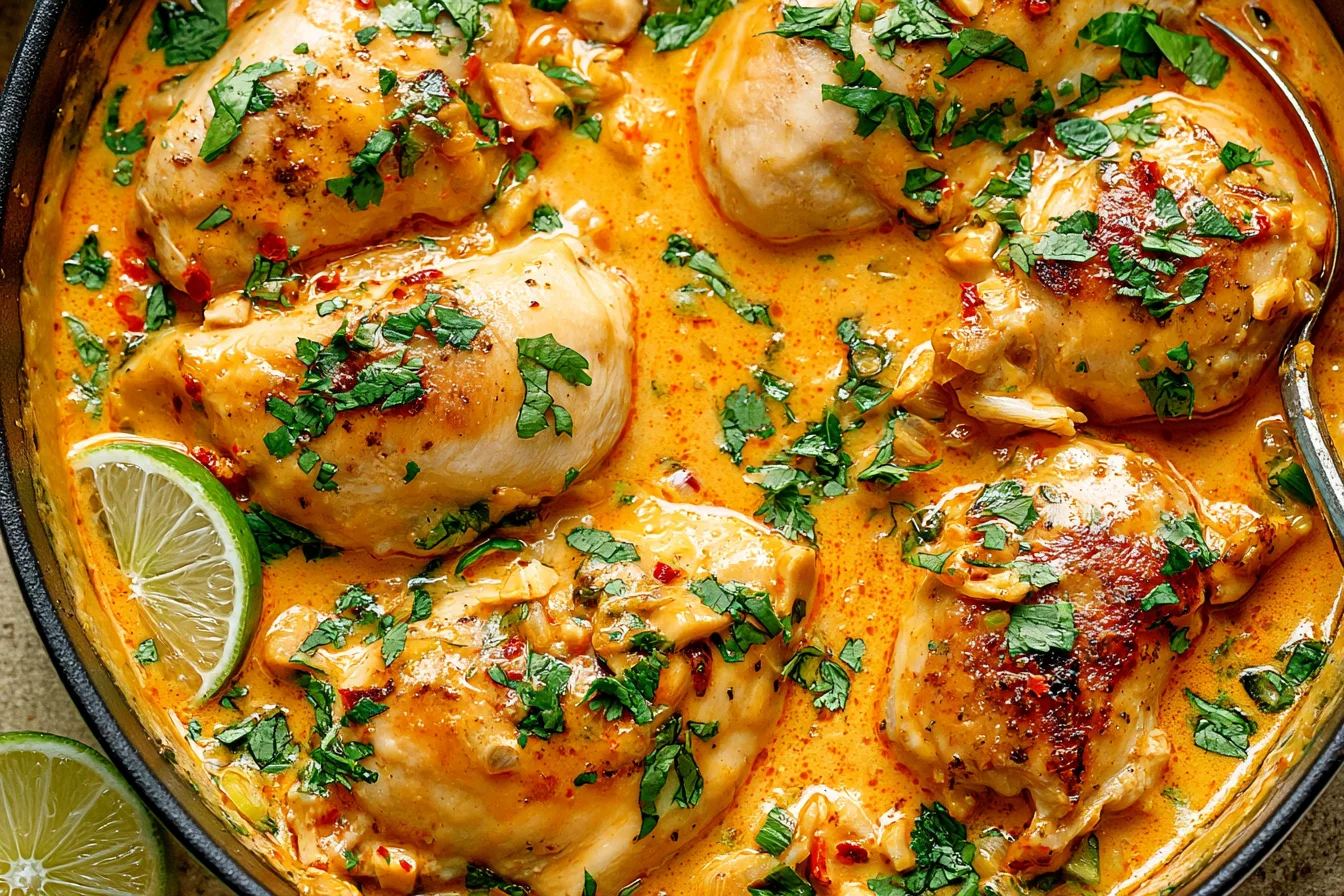 One Pan Coconut Lime Chicken in a skillet with creamy coconut sauce, lime slices, and fresh herbs, golden seared chicken thighs