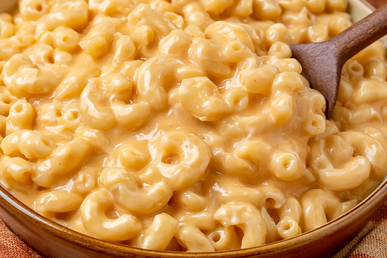 Creamy Cottage Cheese Mac and Cheese with elbow macaroni coated in a smooth cheddar cheese sauce.
