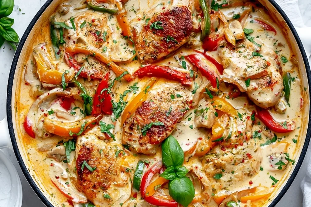 Creamy Garlic Pesto Chicken with golden chicken, colorful bell peppers, fresh basil, and a rich creamy pesto sauce