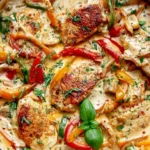 Creamy Garlic Pesto Chicken with golden chicken, colorful bell peppers, fresh basil, and a rich creamy pesto sauce