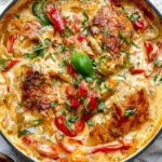 Creamy Garlic Pesto Chicken with bell peppers, sun-dried tomatoes, fresh basil, and rich pesto cream sauce in a skillet