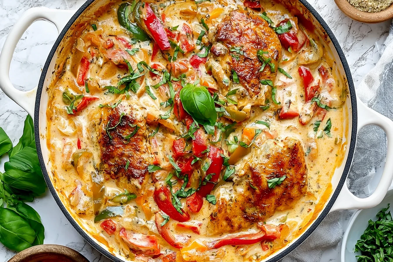 Creamy Garlic Pesto Chicken with bell peppers, sun-dried tomatoes, fresh basil, and rich pesto cream sauce in a skillet