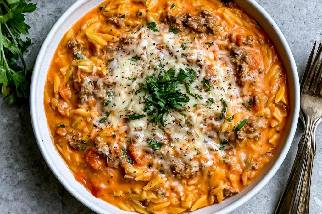 Ground Beef Orzo with Tomato Cream Sauce topped with melted Parmesan, fresh herbs, and black pepper in a bowl.