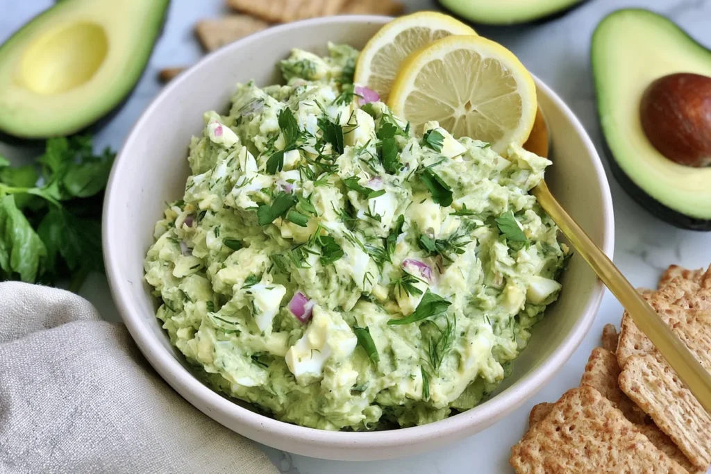 Herby Avocado Egg Salad with hard-boiled eggs, fresh dill, parsley, red onion, lemon, and creamy avocado in a serving bowl.
