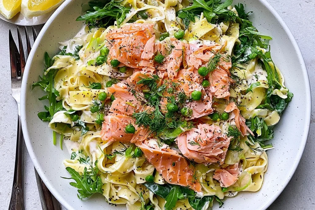Hot Smoked Salmon and Greens Tagliatelle with creamy lemon sauce, fresh arugula, peas, dill, and flaky smoked salmon