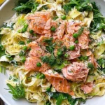 Hot Smoked Salmon and Greens Tagliatelle with creamy lemon sauce, fresh arugula, peas, dill, and flaky smoked salmon