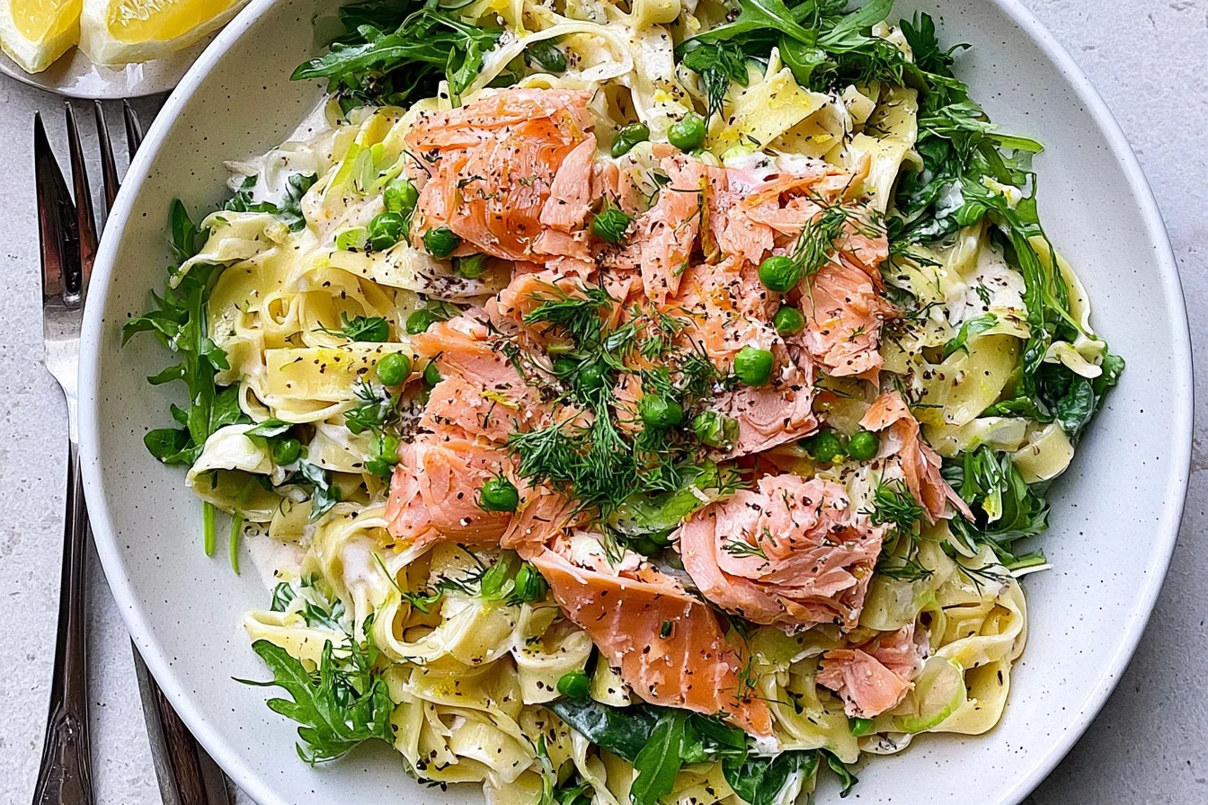 Hot Smoked Salmon and Greens Tagliatelle with creamy lemon sauce, fresh arugula, peas, dill, and flaky smoked salmon