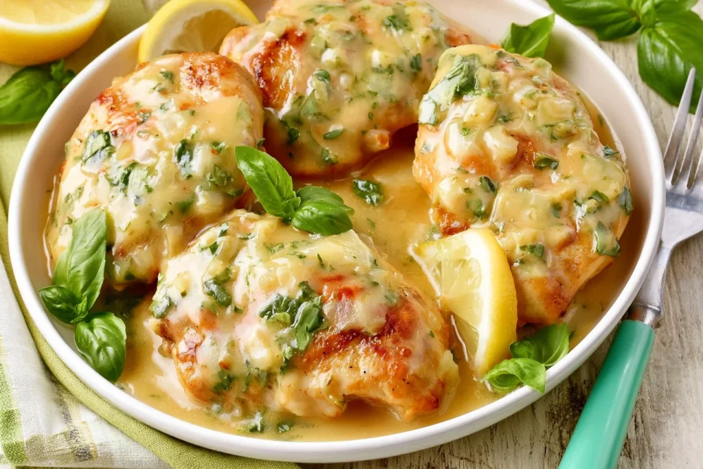 Lemon Basil Chicken served in a creamy lemon garlic sauce with fresh basil and lemon wedges on a plate