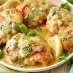 Lemon Basil Chicken served in a creamy lemon garlic sauce with fresh basil and lemon wedges on a plate