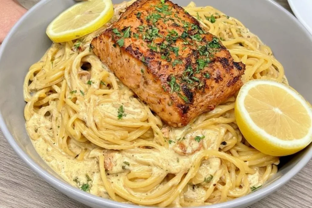 Creamy lemon garlic pasta and Salmon with pan-seared salmon, creamy Parmesan sauce, fresh parsley, and lemon.
