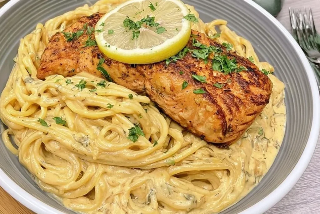 Creamy lemon garlic pasta and Salmon with golden pan-seared salmon, creamy Parmesan pasta, fresh parsley, and lemon.